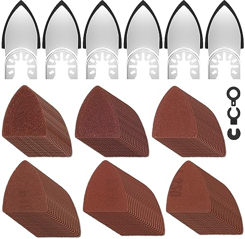 Sutowe 129Pcs Oscillating Multitool Sanding Pad Kit, Universal Finger Sanding Pads 60-320 Grit Triangle Finger Sandpaper Set, Multipurpose Sanding Paper Assortment with 3 Spacer Adapter