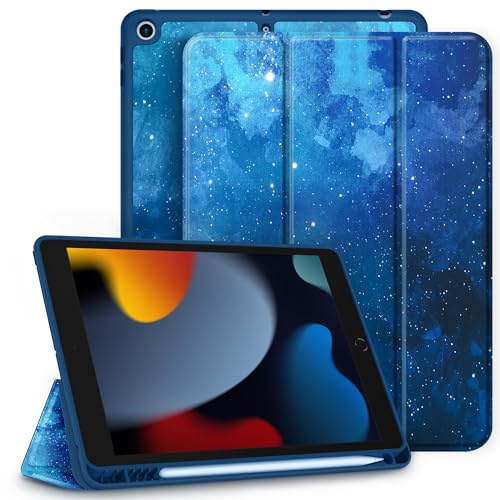 CACOE Fodral för iPad 9./8./7. generation med pennhållare 10.2 tum 2021/2020/2019, ultratunt TPU med ställfunktion, Blå stjärnhimmel
