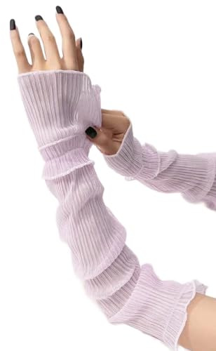 Sumleno Frauen Mesh Sheer Ruched Arm Ärmel Rüschen Saum Fingerlose Handschuhe Fairycore Kostüm Zubehör Tüll Spitze Ärmel, Violett, Einheitsgröße