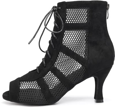 AOQUNFS Bottines de Danse Latine Femme Talon Lacets Bottes de Salon de Danse pour Salsa Bachata Tango Pratique et Performance,L446-7.5-NoirPU,EU36