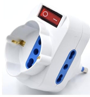 Drehbarer Adapter mit beleuchtetem Schalter, 2 italienische Steckdosen 10/16 A und 1 Schuko-Steckdose 10/16 A - max. 1500 W