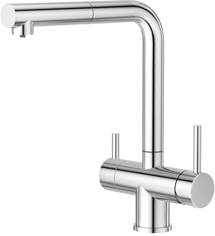 CREA 3 Wege Wasserhahn Küche mit Brause Ausziehbar, Trinkwasserhahn | 360° Drehbar Küchenarmatur,3 in 1 Mischbatterie für Wasserfilter,Spültischarmatur,2 Hebel, Chrom