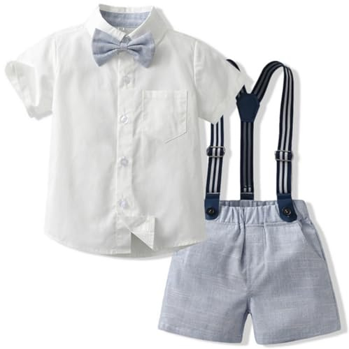 Yaopelky Pojkar Sommar Herr Kostymer Pojke Kortärmad Skjorta med Fluga Hängslen Shorts Kostym 1–8 år, Blå, 7-8 años