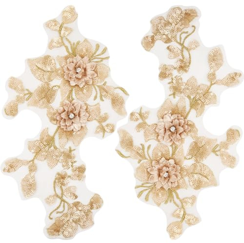 GORGECRAFT 2Stk 3D-Pailletten Bestickte Spitzenapplikation Blumen Zum Aufnähen Besatz Flicken Glitzernde Perlen Blumenkragen Stoff Bastel-Dekoration Flicken Zum Nähen skleidung Kleiderhosen Goldrute
