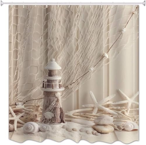 okoikfc Leuchtturm Duschvorhang 120 x 200 cm, 3D Fischernetz Duschvorhang Anti-Schimmel Textil, Shower Curtains Polyester Stoff Wasserdicht Duschvorhänge für Badezimmer, Bad Vorhang mit 8 Haken AA902
