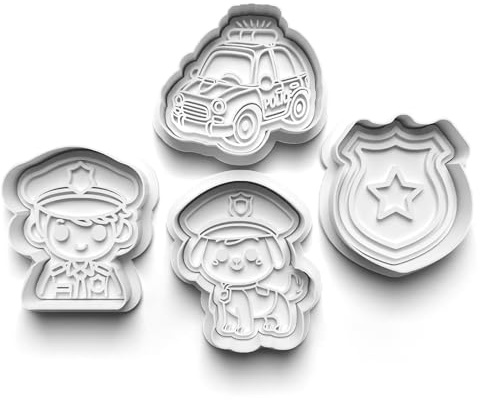 Juego de 4 cortadores de galletas, diseño de policía, coche, perro, sello de galletas, cortador de galletas, molde de masa de fondant, para hacer galletas