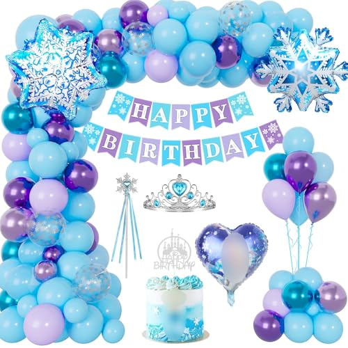 Geburtstagsdeko für Mädchen, Prinzessin Party Dekorationen, Happy Birthday Banner Konfetti Schneeflocke Folienballons, Blau Lila Ballon Dekor mit Krone, Feenstab Cake Topper für Kinder Party