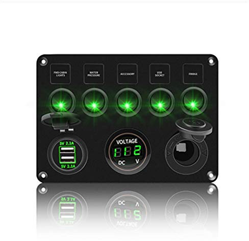 MUEOSI Panneau d'interrupteur à bascule à 5 ou 6 gangs, for fusible 4,2 A, double prise USB, affichage numérique de la tension, for accessoires de bateau, camion, voiture marine tableau électrique(5ga