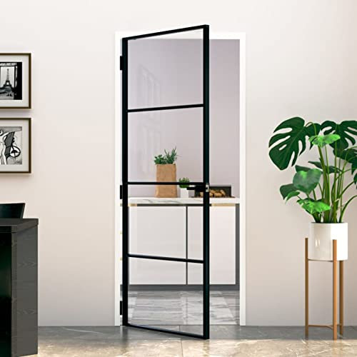 Homgoday Innentür Glastür Zimmertür Komplettset mit Griff Bürotür Modernes Design Tür für Zuhause und Büro Schwarz 83x201,5 cm Hartglas & Aluminium Schlank