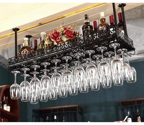 Portabottiglie da Soffitto,Espositore per Vino,con Boom,con Porta Calici,Portabottiglie da Appendere in Metallo per La Mensola Portaoggetti per Decorazioni per La Cucina del Bar di Casa，(Size:60*35cm)
