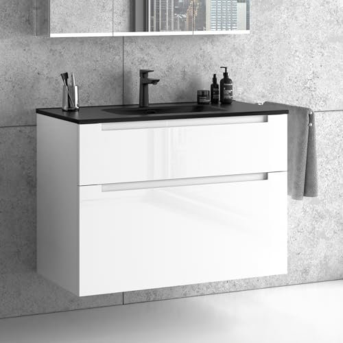 Zentrobad Premium Waschbecken schwarz mit Unterschrank glänzend lackiert 100 cm Waschtisch Badmöbel Badezimmer Schrank Badschrank mit Zwei Schubladen (Weiß glänzend)