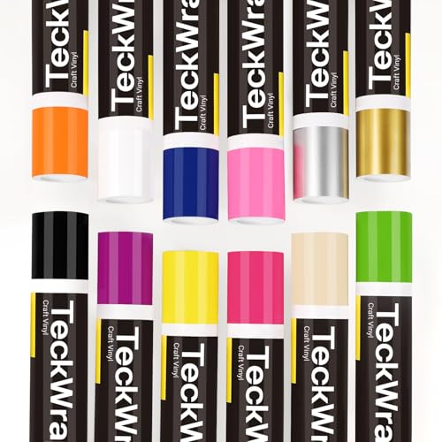 TECKWRAP Permanent Vinyl, Rainbow Sampler, 12 Rolls 30.5cm x 1.5m (12in x 5ft) Adhesive Vinyl Rolls for Cricut, Silhouette Cameo & Craft Cutters