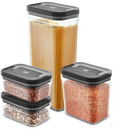 Good Food in Partnership with Tower 4 Piece Food Storage Set, Airtight Easy Lift Lids, Stackable Design, 1x Large (3.2L), 1x Medium (1.55L), 2 x Small (0.61L), Transparent, GF847080