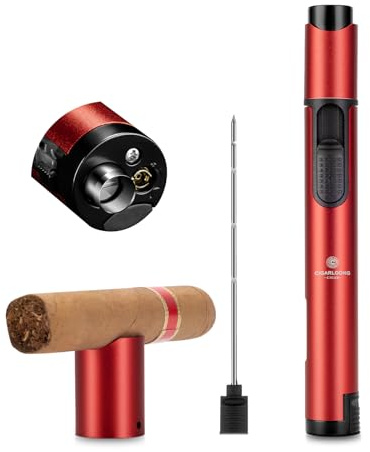 Briquet-Cigare Jet Flamme Multifonction Plus Léger- Poinçon à cigares, Aiguille et Support, Flamme Réglable, Fenêtre à Gaz Transparente, Rechargeable, Boîte Cadeau Incluse, Rouge(sans Gaz)