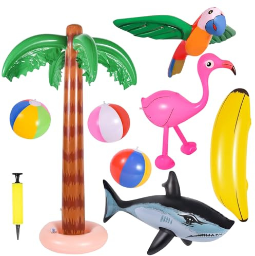 mizikuu 9 Stück Aufblasbare Palmen Spielzeug Set, Aufblasbar Flamingos Papagei Banane Strand Bälle Delphin Spielzeug mit Luftpumpe für Hawaii Party Dekor Strand Hintergrund Sommer Schwimmbad
