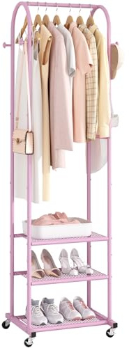 Kaitiemoo Heavy Duty Clothing Rack with Wheels,Modern Garment Rack with 3 Metal Shelves, 71.8Inches Display Rack for Hanging Clothes, Hanging Rod for Small Space,Pink