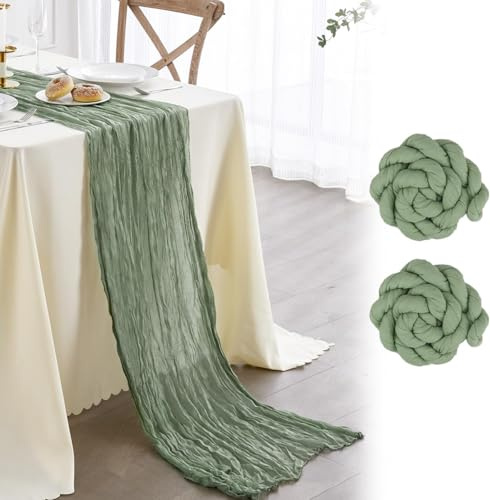 FOLAI 2 Stück Boho Tischläufer aus Käsetuch Table Runner Table Cloth – Rustikale Hochzeitstischdeko für Brautdusche, Geburtstag & Feiern (90x300cm) – Öko-Baumwolle & Wiederverwendbar （hellgrün）