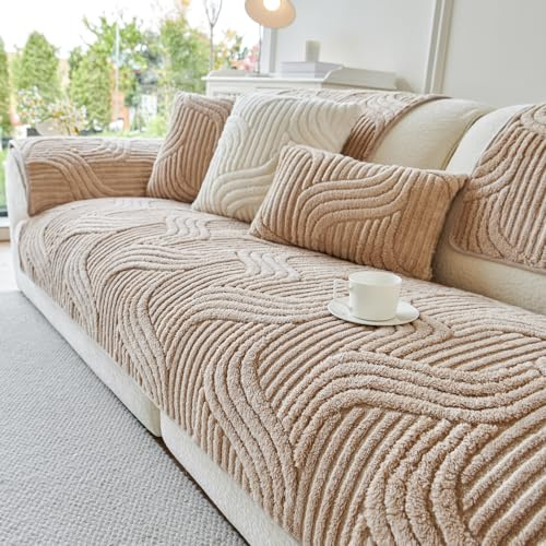 tianxinbaobei Sectional Sofa Covers Washable, Plush Stripe Couch Cover for Sofas, Non Slip Couch Cover for 2 Cushion Couch, Loveseat Sofa Slipcover for Pet Dog Furniture Protect(1PC,35x63,Khaki)
