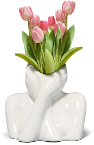 Gesicht Vase, Vase Gesicht aus Keramik, Weibliche Körpervase Deko Weiß Keramik Vasen, Kreative Menschliche Kopf Gesichts Blumen Porträt Vases, für Office Dining Table Room Decoration Aesthetic Vasen