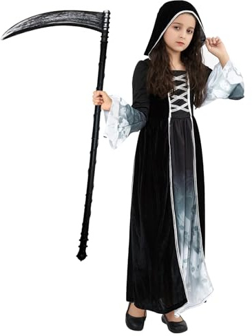 Ycaaeo Deguisement Faucheuse Fille Halloween, Costume D'Halloween Faucheuse Fille avec Faucille, Costume Faucheuse Faucille, pour le carnaval d'Halloween et les jeux de rôle (L)