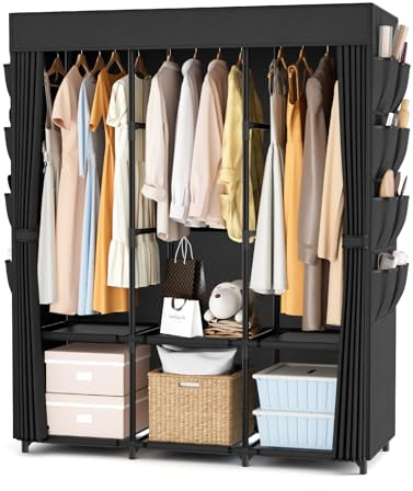 Vicye Armadio in Tessuto, Guardaroba Grande da 3 Barra Appendiabiti, 3 Ripiani e 8 Tasche Laterali, Armadio Camera da Letto con Copertura, Armadio Pieghevole per Spogliatoio 125 x 42,5 x 160 cm Nero