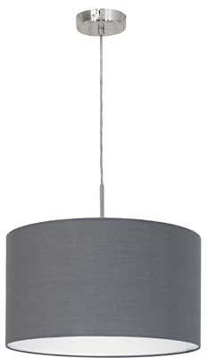 Eglo Suspension luminaire Pasteri, lampe textile suspendue pour table à manger, plafonnier en métal argenté avec abat-jour en tissu gris, lustre salon avec douille E27, Ø 38 cm