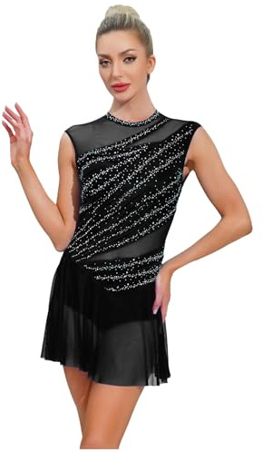 TTAO Vestido de baile para mujer, vestido de patinaje artístico, strass, sin mangas, traje de ballet, tango, malla, patchwork, camiseta, vestido, patinaje sobre hielo, competiciones, Negro , M