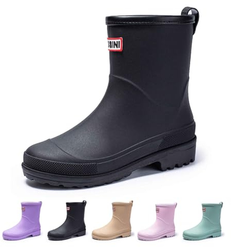 Ladies and Women's Wellies Mid calf Rain Boots Waterproof Rubber Sole Wide Fit Slip On Hiking Walking Garden Shoes (Black, 6)