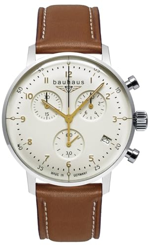 Bauhaus 2096-3 – Reloj cronógrafo para Hombre con Correa de Piel Azul y Movimiento de Cuarzo – Fabricado en Alemania, Blanco, Correa