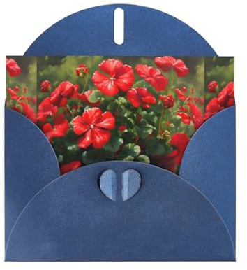 PEGQCVAM Grußkarte mit roten Geranien. Blaue Luxus-Perlglanz-Grußkarte, Premium-Karton für alle Anlässe