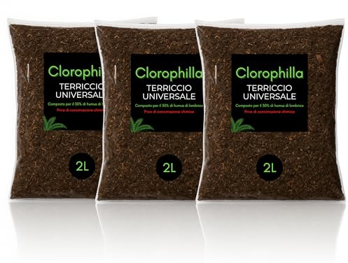 Clorophilla Terra Universale di Qualità Superiore,Terra Per Piante Con il 30% Di Humus Di Lombrico Senza Compostati,Riserva Idrica e Drenaggio ottimale,ricco di Acidi umici e fulvici (3 Sacchi x 2L)