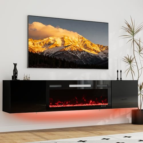 Winlice 70 Electric Fireplace TV Stand,36 LED Fire with Storage Cabinets, 12 LED light colors and 5 brightness levels,High Gloss Wall Mounted Media Unit Black