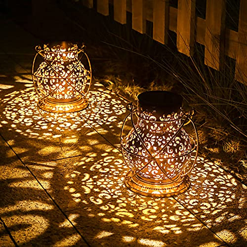 JOYCREATOR Solarlaterne für Außen 2 Stück, Wetterfest IP65 Solar Laternen Outdoor Hängend mit Haken, Metall 15LM Solarlampen für Außen Orientalische für Garten Balkon Terrasse, Geschenke für Frauen