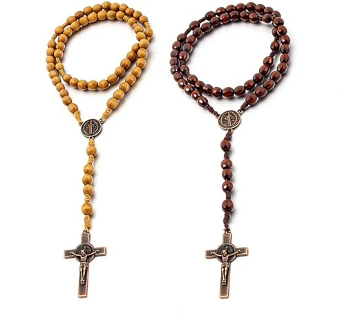 VOOSFSIE 2 Piezas Collar de Rosario Católico con Cruz, Cadena de Oración de Madera Natural, Ideal para Comunión Católica, Bautizo, Misa y Estudio Bíblico