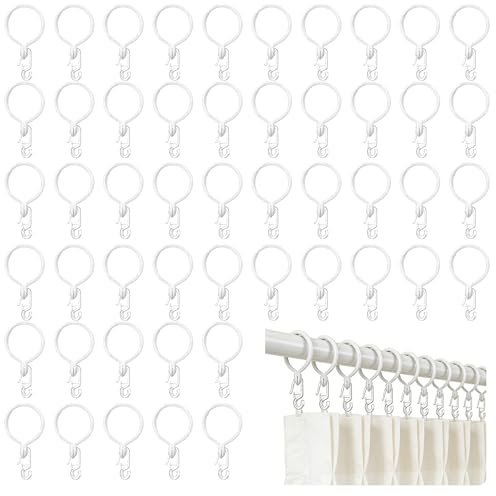 50 Stück Gardinenringe Weiß mit 50 Gardinenhaken, Kunststoff Vorhangringe mit Haken, Öffnbare Ringe für Gardinenstange, Gardinen Zubehör für Wohnzimmer, Schlafzimmer, Küche und Tür