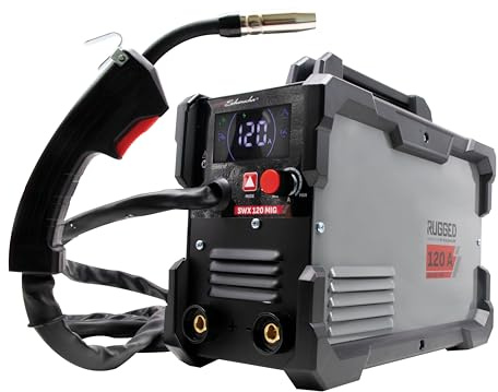 Schumacher Electric - SWX 120 Soldador MIG con inversor de 120 A, sin gas, 230 V – Antorcha MIG Direct + MMA – Alambre tubular de Ø 0,6–0,9 mm – Electrodos de Ø 1,6–3,2 mm – Pantalla LCD – 2 rodillos