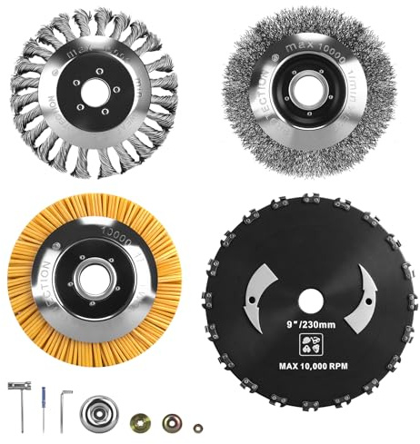 4-IN-1 Rasenmäher-Werkzeugset inkl. Profi 230 mm Unkrautbürste für Freischneider, 25,4 mm Sägeblatt, Nylon-Unkrautbürste und Kreisförmig, Drahtbürste Freischneider