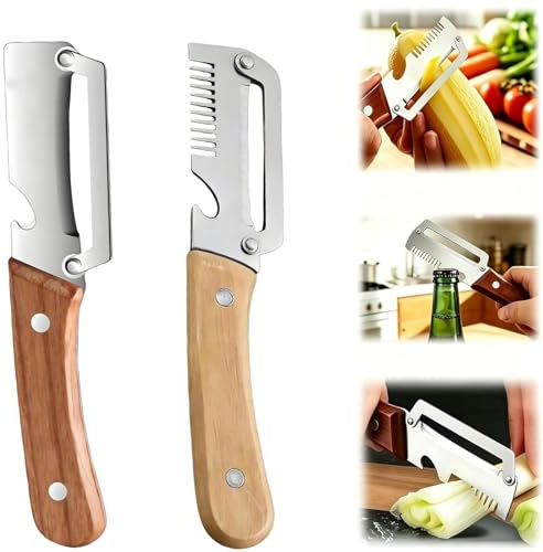Set 2 Pezzi Pelapatate e Taglia Verdure,2026 Nuovo Multifunzione 3-in-1,Sbucciatore, Tagliaverdure, Apribottiglie, Lama in Acciaio Inox, Impugnatura Ergonomica in Legno (A)