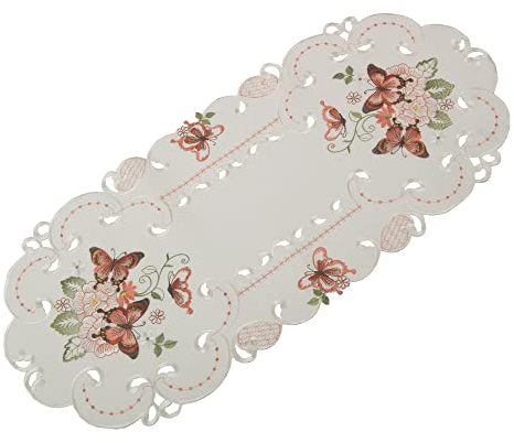 Quinnyshop Rosa Schmetterlinge Stickerei Frühling Tischdecke Tischläufer ca. 40 x 90 cm Oval Polyester, Weiß