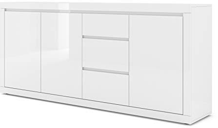 BIM Furniture Kommode 195 x 40 x 89 cm – Sideboard mit 3 Türen und MDF-Fronten, Grifflos - Wohnzimmerkommode Bello Bianco IV mit Hochglanzfront & Mattkorpus Weiß