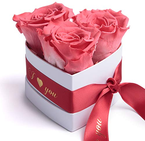 Infinity Rosenbox Herz - 10x12cm 3 ewige korall-rote Rosen haltbar 3 Jahre - Geschenk für sie - Valentinsday gift box for women von Rosemarie Schulz Heidelberg (I Love You, Korall)