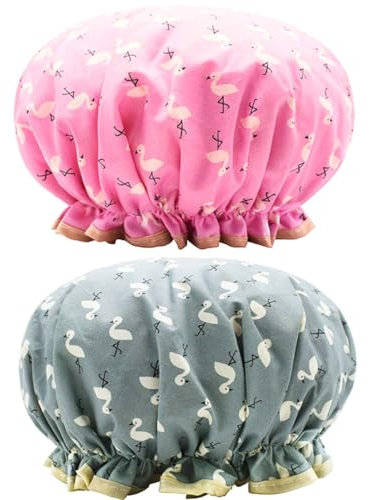 2 Pcs Bath Caps Elastic Band Double Layers Waterproof Shower Caps With Ruffled Edge Covering Ears Keeping Hair Dry Kitchen Oil-proof Cap for Girls and Women