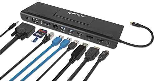 Manhattan USB-C 11 in 1 Docking Station -for 3 Display Monitors, Connect & Charge Devices-USB C to 4K HDMI/DP, 1080p VGA & 3 USB, 100W PD, Ethernet, SD Card Reader, 3.5 mm Aux –3 Yr Mfg Warranty