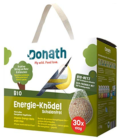 Donath Bio Energie-Knödel Schalenfrei im Bio-Netz - Meisenknödel im Bio-Netz - 100g je Knödel - Schalenfrei - Ganzjahres Wildvogelfutter - aus unserer Manufaktur in Süddeutschland - 30er Karton