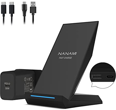 NANAMI Wireless Charger with 30W USB-C Charger - 15W Max Cordless Charging Stand for Samsung Galaxy S25 Ultra S24 S23 S22 S21 S20 S10, 2-in-1 Qi Fast Contact Charger for iPhone 17 16 15 14 13 12 11 X