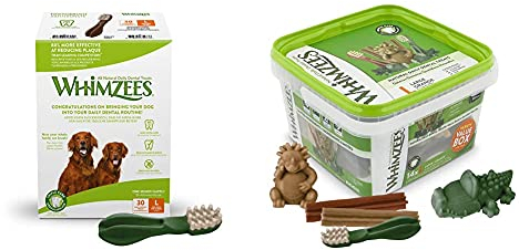 WHIMZEES Zahnbürste, natürliche, getreidefreie Zahnpflegesnacks (30 Stück), Größe L & Gemischte Vielfaltsbox, natürliche, getreidefreie Zahnpflegesnacks, Kaustangen für große Hunde, 14 Stück