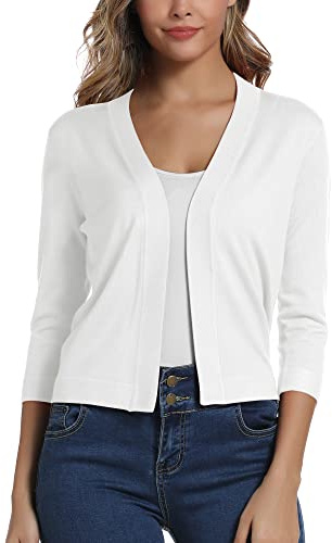 EXCHIC Femmes élégant Manches 3/4 Ouvert Devant Boléros Cardigan Gilet (XL, Blanc)