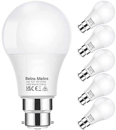 Levidon Bayonet Light Bulbs B22, Cool White 6500K, 60W Equivalent, 9W 806lm B22 LED Bulbs Bayonet, BC A60 GLS Energy Saving Lightbulbs Non-dimmable, Pack of 6