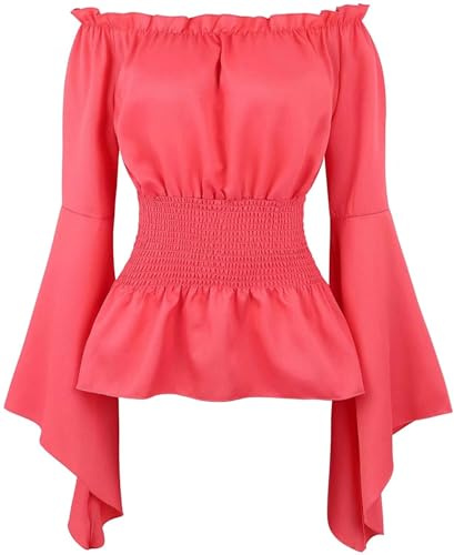 Blusen Damen Mittelalter Kleidung Trompetenärmel Kostüm Gothic T-Shirt Tops Elegant Sexy Vintage RETR Halloween Cosplay Grau S
