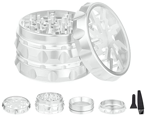 TIRIRS 2.5 4 Pieces Clear Top Herb Grinder - Aluminium Spice Grinder with Pollen Scraper and Cleaning Brush - Silver.